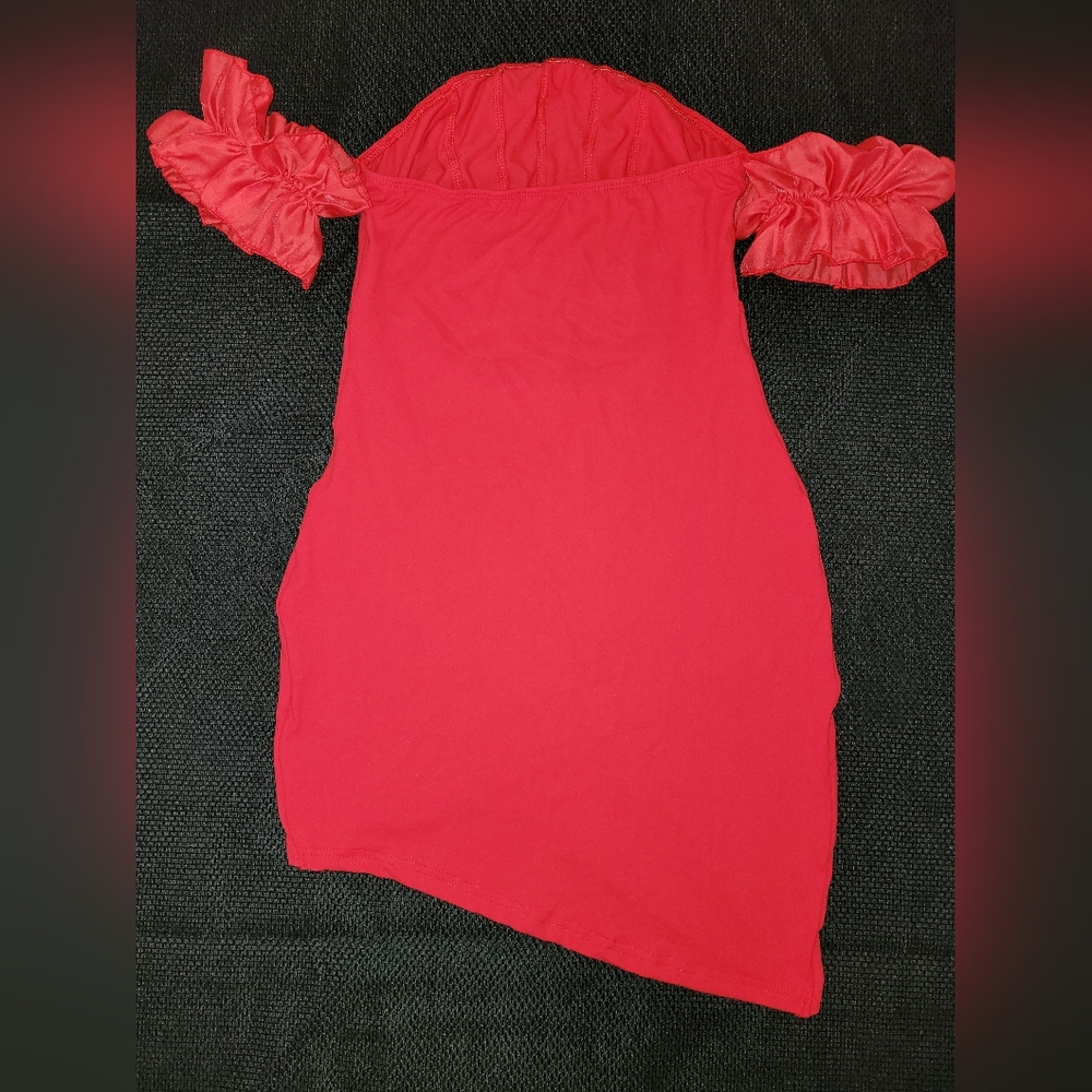 Dress Mini Red Asymmetrical Ruched Bodycon - Picture 3 of 5